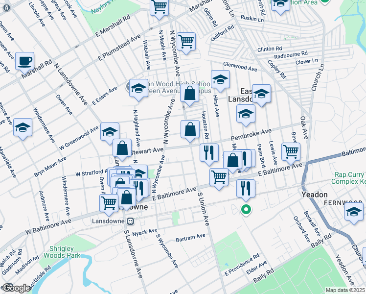 map of restaurants, bars, coffee shops, grocery stores, and more near 114 East Stewart Avenue in Lansdowne