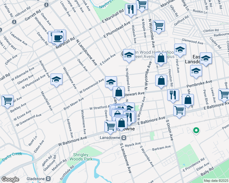 map of restaurants, bars, coffee shops, grocery stores, and more near 120 North Lansdowne Avenue in Lansdowne