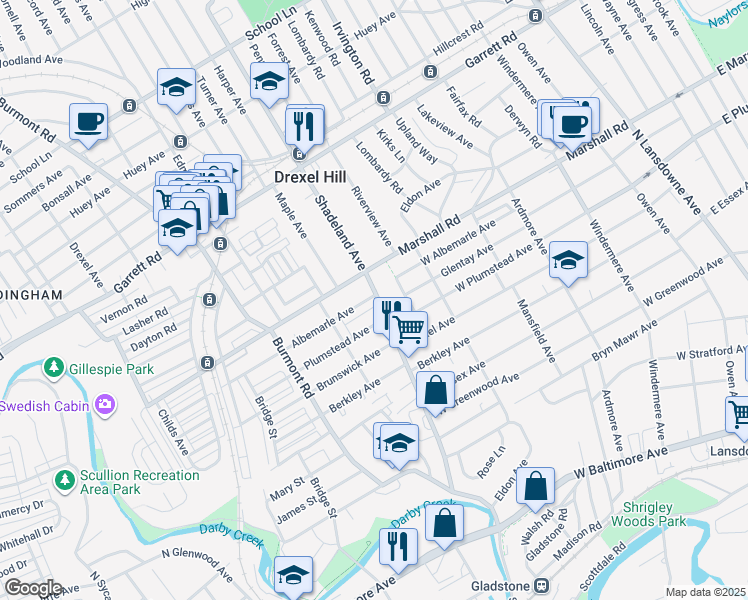 map of restaurants, bars, coffee shops, grocery stores, and more near 258 Shadeland Avenue in Drexel Hill