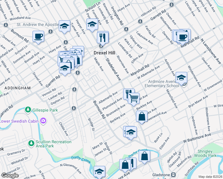 map of restaurants, bars, coffee shops, grocery stores, and more near 3225 Albemarle Avenue in Drexel Hill