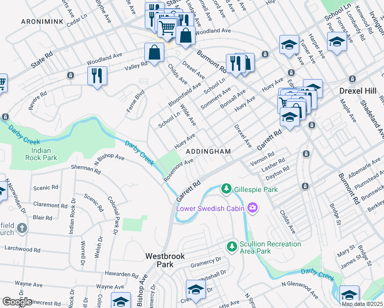 map of restaurants, bars, coffee shops, grocery stores, and more near 4423 Rosemont Avenue in Drexel Hill