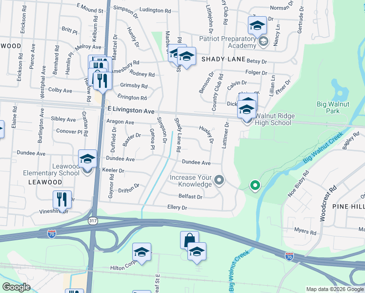 map of restaurants, bars, coffee shops, grocery stores, and more near 4656 Shady Lane Court in Columbus