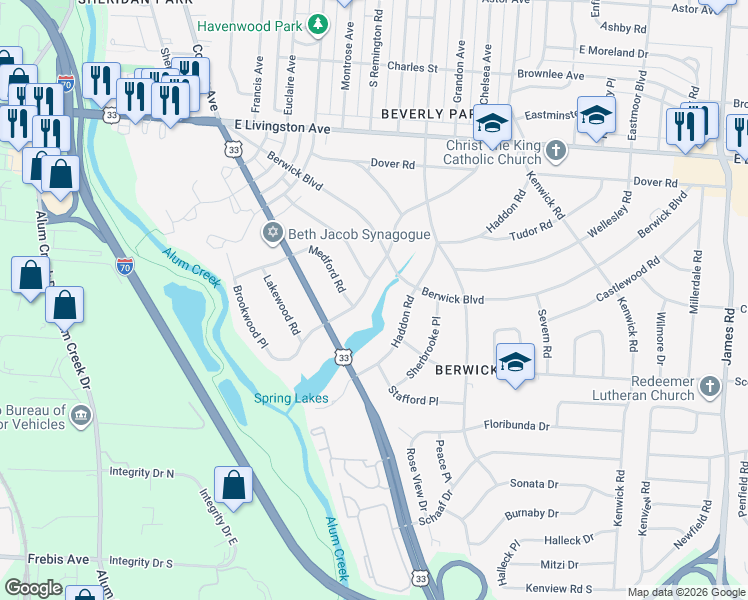 map of restaurants, bars, coffee shops, grocery stores, and more near 2433 Brookwood Road in Columbus