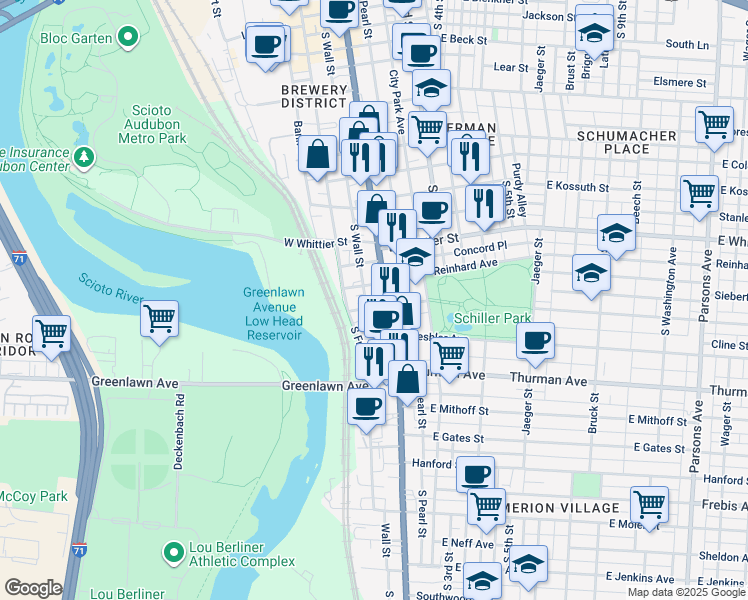 map of restaurants, bars, coffee shops, grocery stores, and more near 1000 South Front Street in Columbus