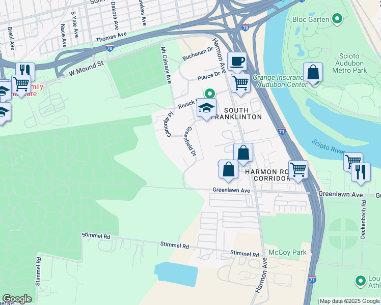 map of restaurants, bars, coffee shops, grocery stores, and more near 865 Greenfield Drive in Columbus