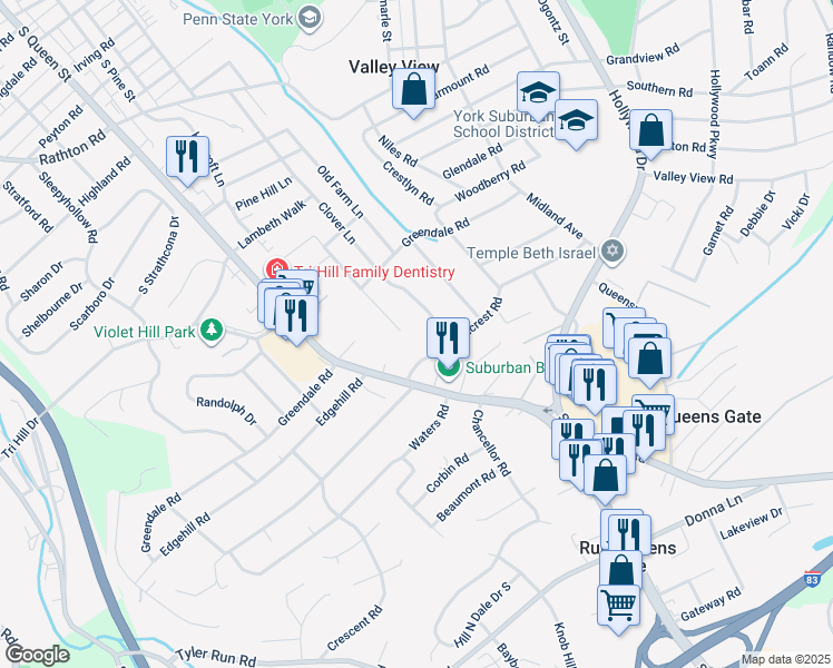 map of restaurants, bars, coffee shops, grocery stores, and more near 1775 Hillock Lane in York