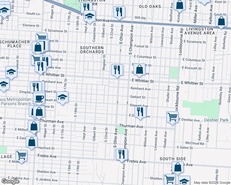 map of restaurants, bars, coffee shops, grocery stores, and more near 1119 South Ohio Avenue in Columbus