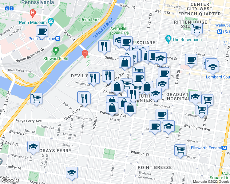 map of restaurants, bars, coffee shops, grocery stores, and more near 2349 Christian Street in Philadelphia