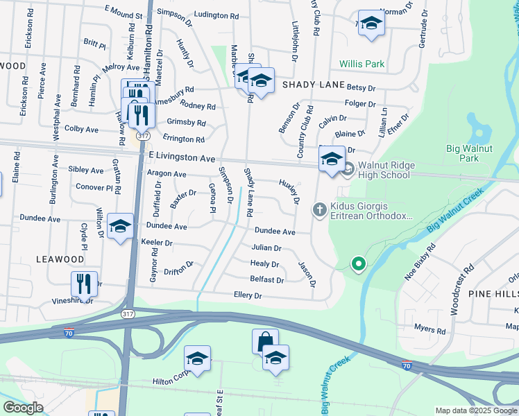 map of restaurants, bars, coffee shops, grocery stores, and more near 4656 Shady Lane Court in Columbus