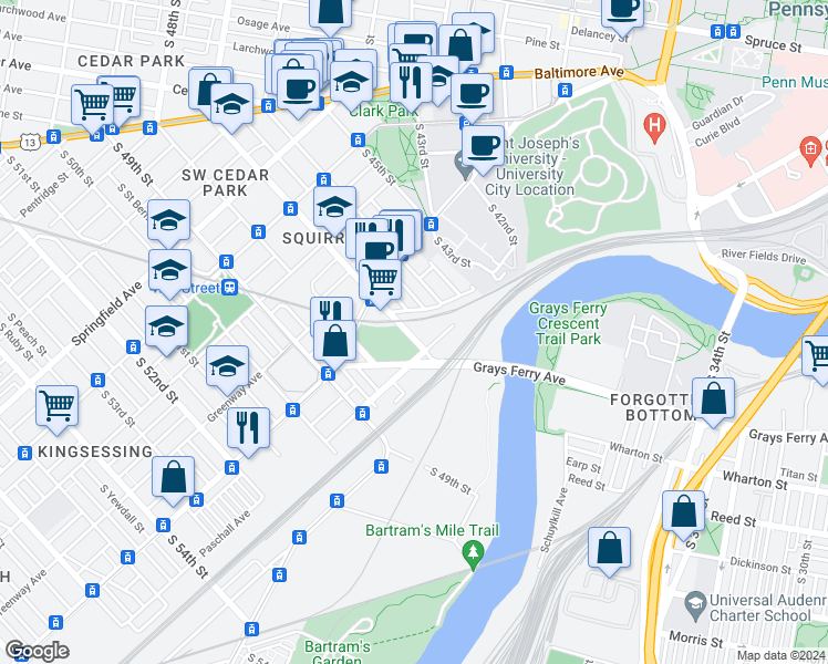 map of restaurants, bars, coffee shops, grocery stores, and more near 1421 South 47th Street in Philadelphia