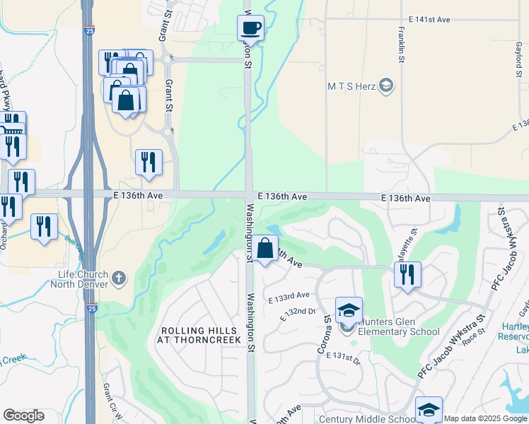 map of restaurants, bars, coffee shops, grocery stores, and more near 13550 Washington Street in Thornton