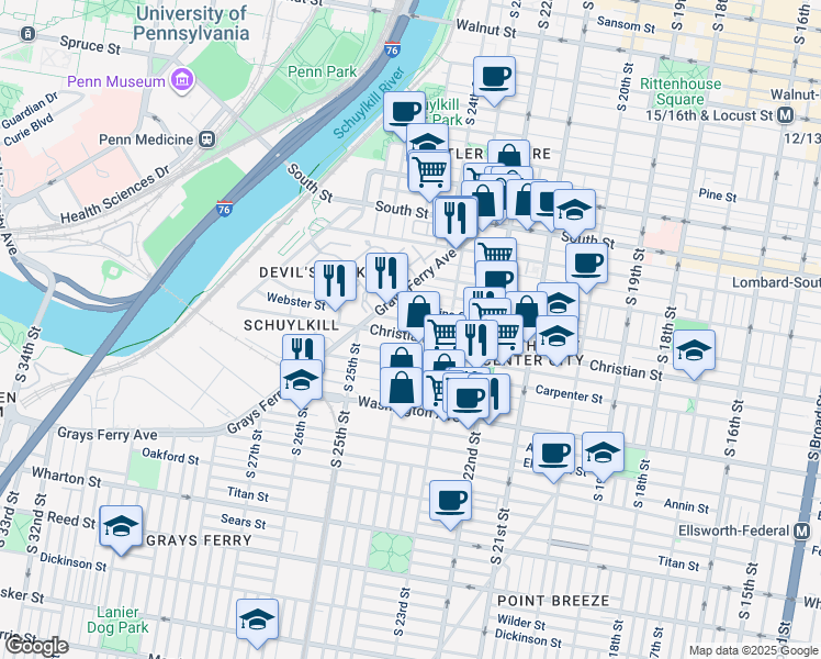 map of restaurants, bars, coffee shops, grocery stores, and more near 2349 Christian Street in Philadelphia
