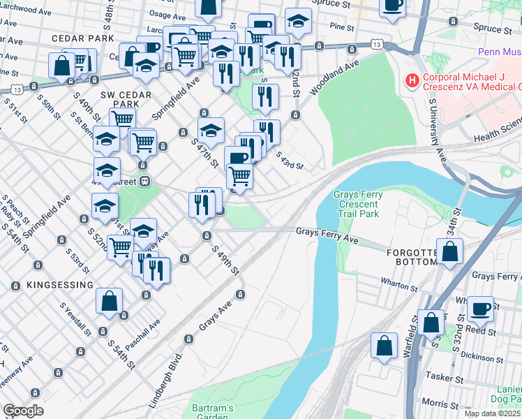 map of restaurants, bars, coffee shops, grocery stores, and more near 1421 South 47th Street in Philadelphia