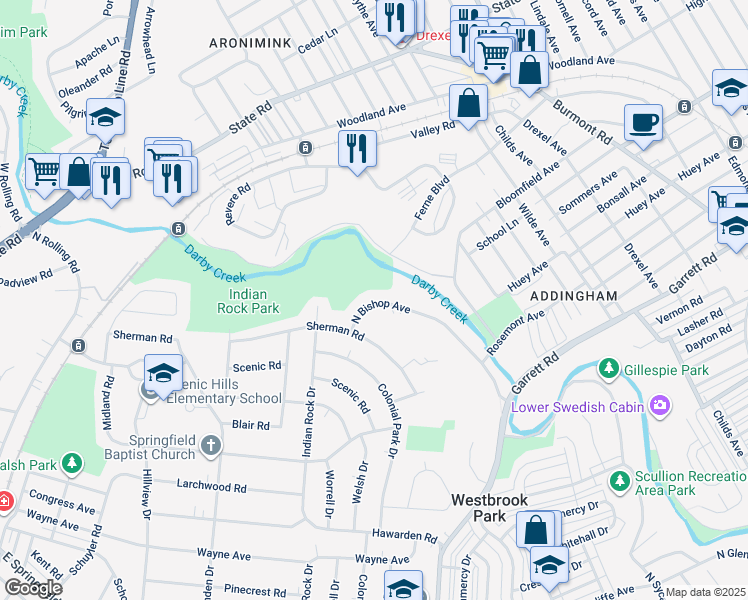map of restaurants, bars, coffee shops, grocery stores, and more near 677 North Bishop Avenue in Springfield