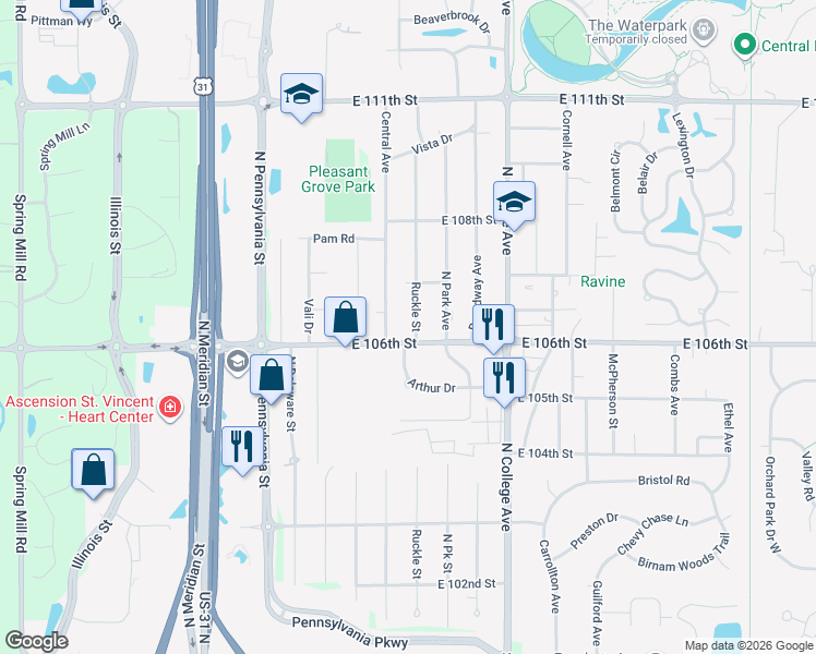 map of restaurants, bars, coffee shops, grocery stores, and more near 520 East 106th Street in Indianapolis
