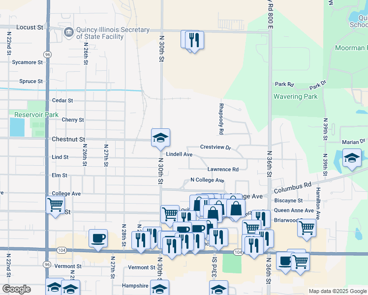 map of restaurants, bars, coffee shops, grocery stores, and more near 3203 Lindell Avenue in Quincy