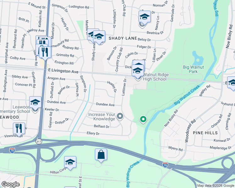 map of restaurants, bars, coffee shops, grocery stores, and more near 1642 Huxley Drive in Columbus