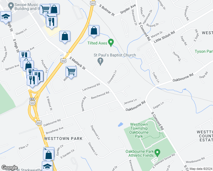 map of restaurants, bars, coffee shops, grocery stores, and more near 501 Coventry Lane in West Chester