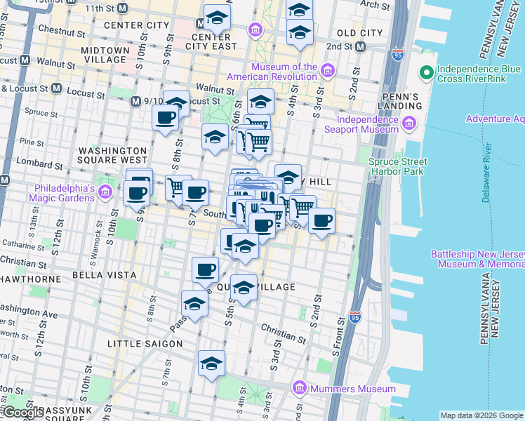 map of restaurants, bars, coffee shops, grocery stores, and more near 432-36 South Street in Philadelphia