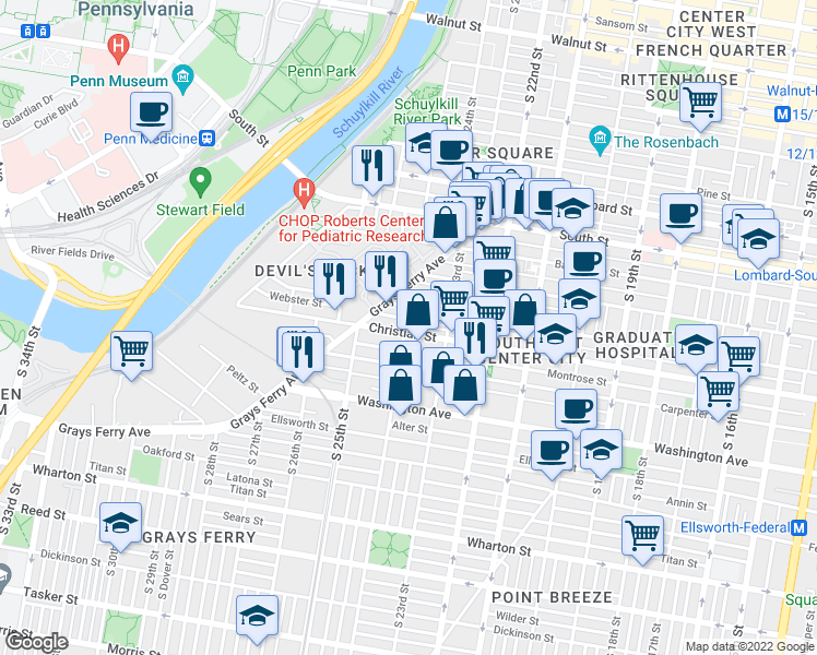 map of restaurants, bars, coffee shops, grocery stores, and more near 2351 Christian Street in Philadelphia