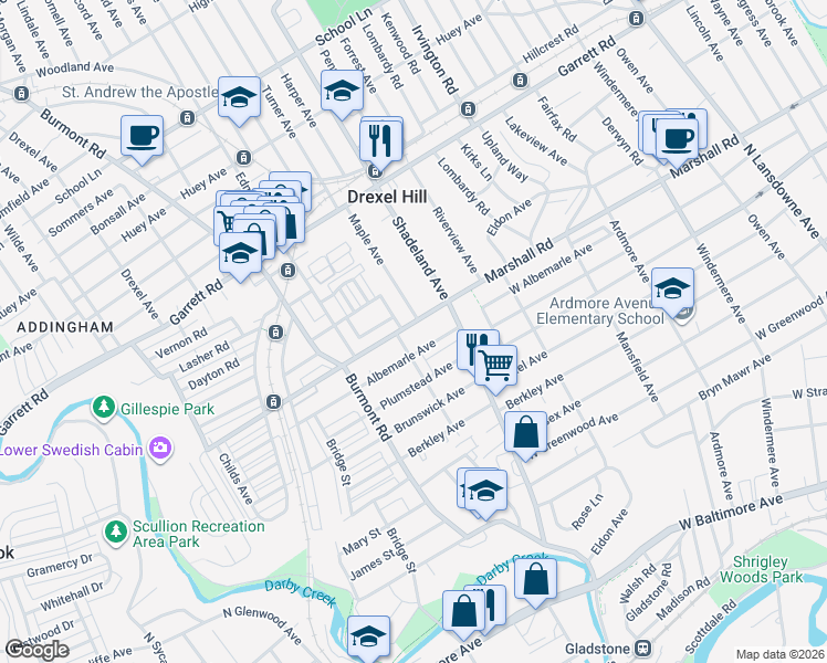 map of restaurants, bars, coffee shops, grocery stores, and more near 3225 Albemarle Avenue in Drexel Hill