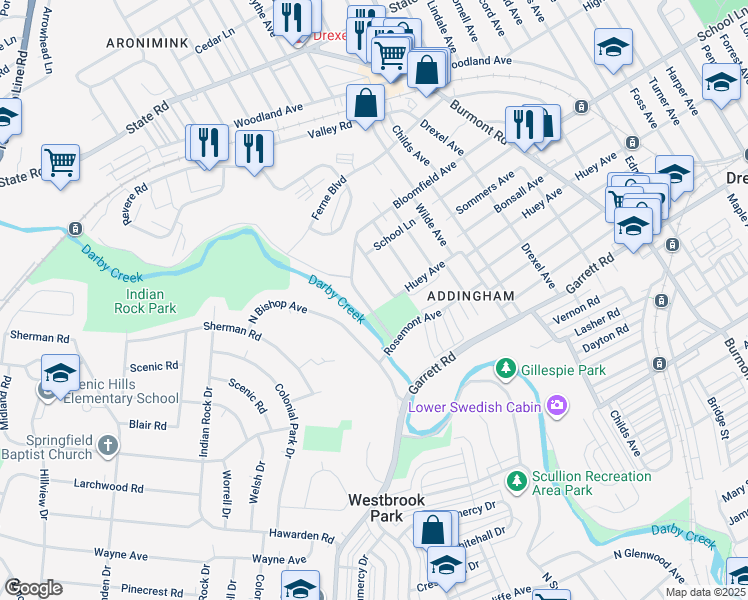 map of restaurants, bars, coffee shops, grocery stores, and more near 505 Bloomfield Avenue in Drexel Hill