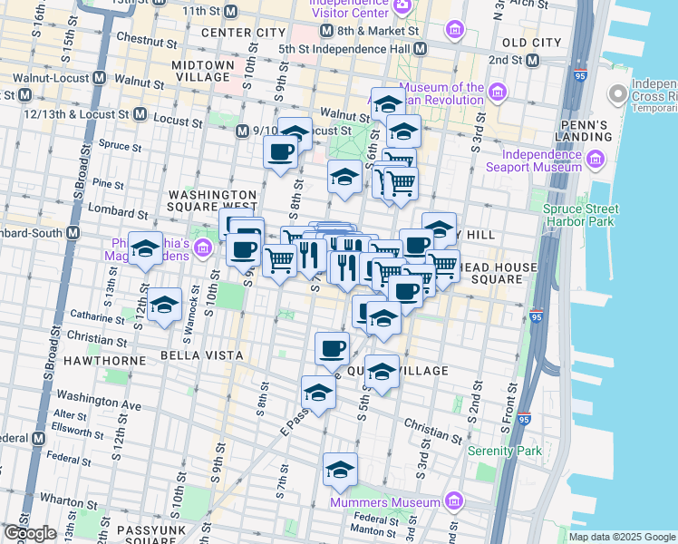 map of restaurants, bars, coffee shops, grocery stores, and more near 622 South Street in Philadelphia
