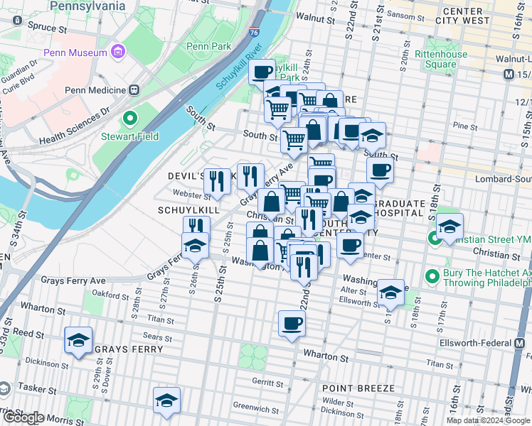map of restaurants, bars, coffee shops, grocery stores, and more near 2351 Christian Street in Philadelphia