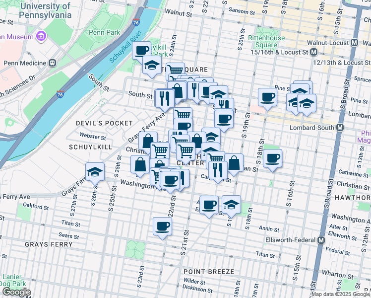 map of restaurants, bars, coffee shops, grocery stores, and more near 2140 Catharine Street in Philadelphia
