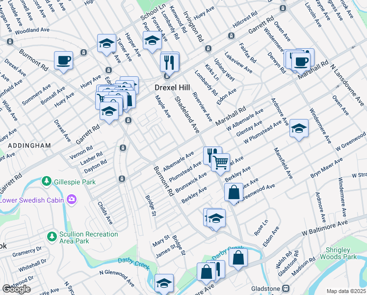 map of restaurants, bars, coffee shops, grocery stores, and more near 3224 Marshall Road in Drexel Hill