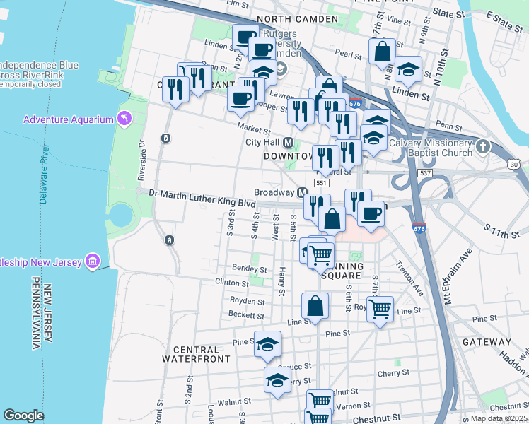 map of restaurants, bars, coffee shops, grocery stores, and more near 403 Stevens Street in Camden