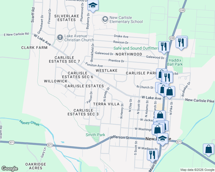 map of restaurants, bars, coffee shops, grocery stores, and more near 303 North Smith Street in New Carlisle