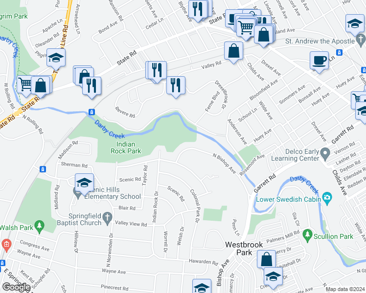map of restaurants, bars, coffee shops, grocery stores, and more near 677 North Bishop Avenue in Springfield