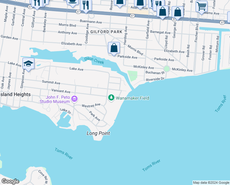 map of restaurants, bars, coffee shops, grocery stores, and more near 258 Summit Avenue in Island Heights