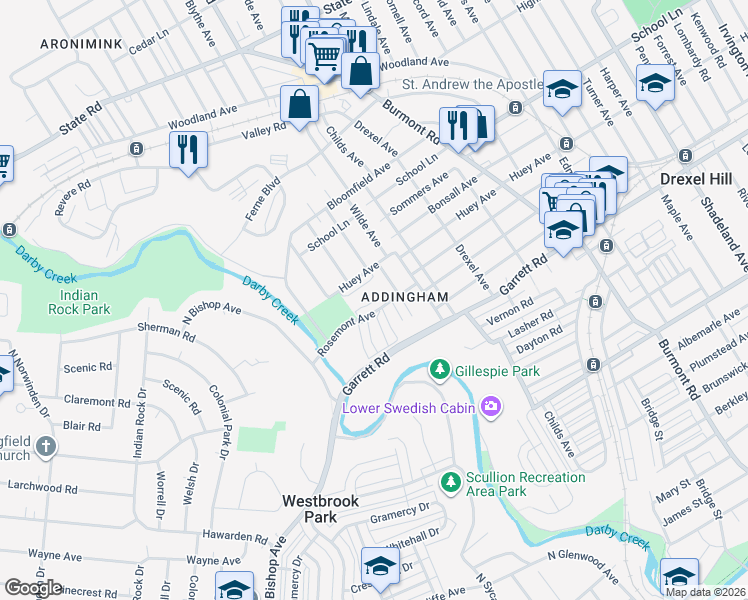map of restaurants, bars, coffee shops, grocery stores, and more near 4419 Rosemont Avenue in Upper Darby