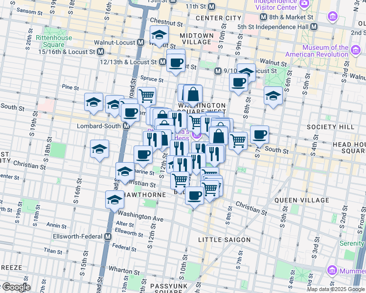 map of restaurants, bars, coffee shops, grocery stores, and more near 630 South 11th Street in Philadelphia