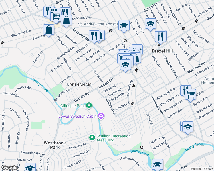 map of restaurants, bars, coffee shops, grocery stores, and more near 4101 Vernon Road in Drexel Hill