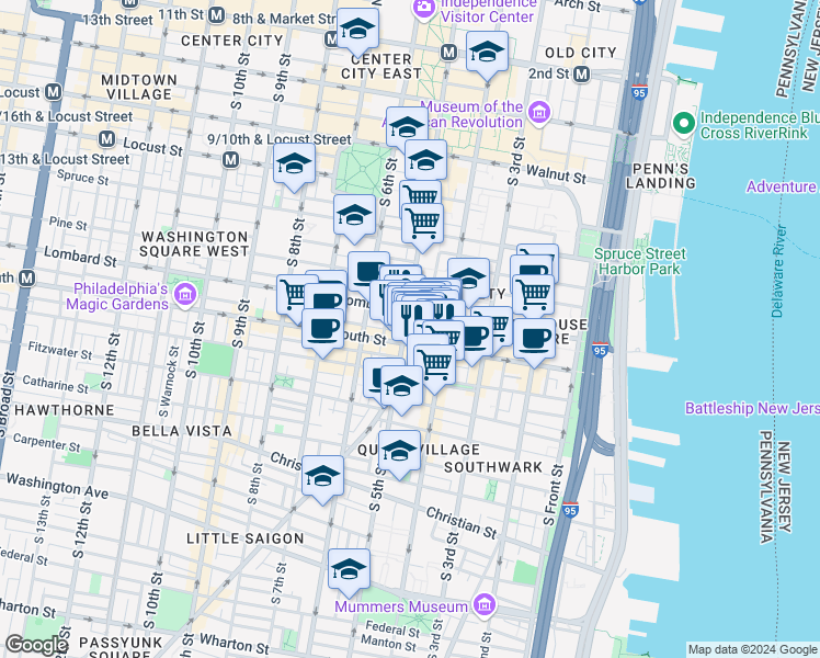 map of restaurants, bars, coffee shops, grocery stores, and more near 517 South 5th Street in Philadelphia