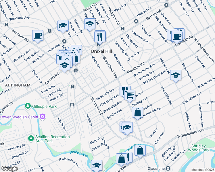 map of restaurants, bars, coffee shops, grocery stores, and more near 3224 Marshall Road in Drexel Hill