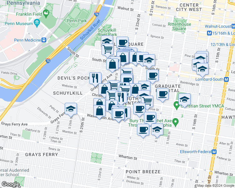 map of restaurants, bars, coffee shops, grocery stores, and more near 2221 Madison Square in Philadelphia