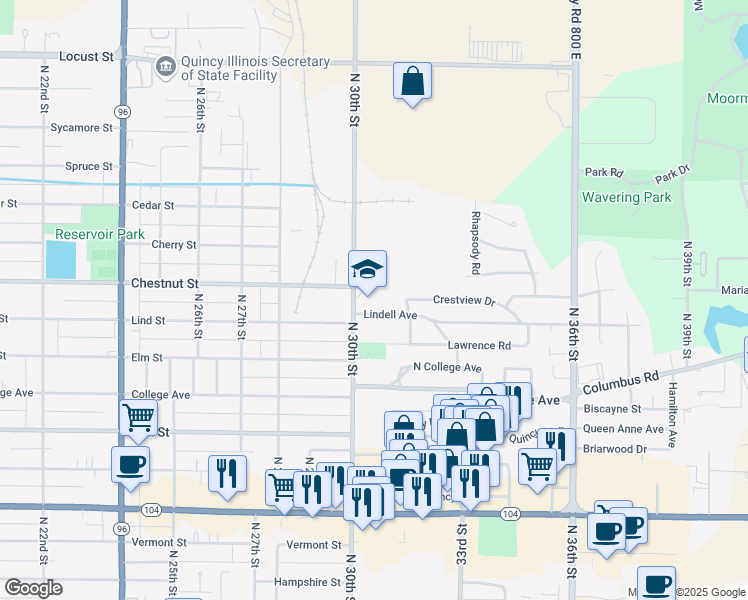map of restaurants, bars, coffee shops, grocery stores, and more near 3001 Lindell Avenue in Quincy