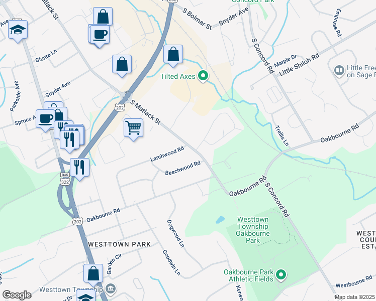 map of restaurants, bars, coffee shops, grocery stores, and more near 312 Larchwood Road in West Chester