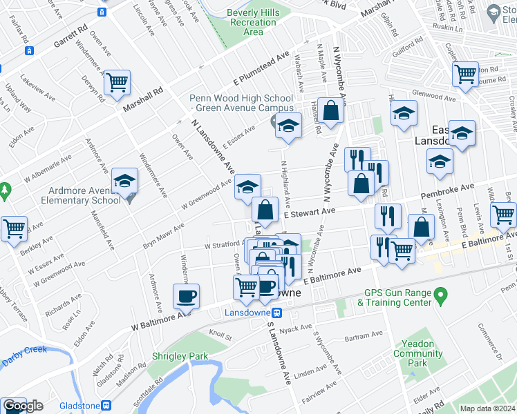 map of restaurants, bars, coffee shops, grocery stores, and more near 111 North Lansdowne Avenue in Lansdowne