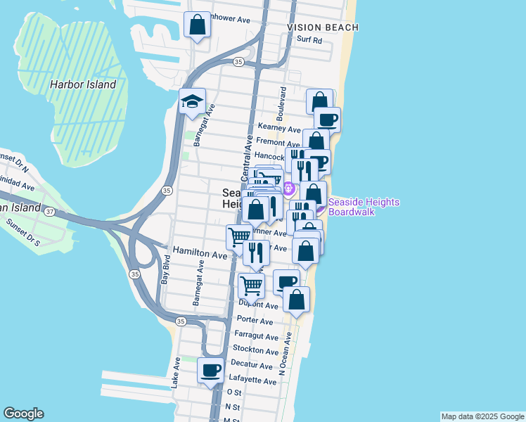 map of restaurants, bars, coffee shops, grocery stores, and more near 717 Ocean Boulevard in Seaside Heights