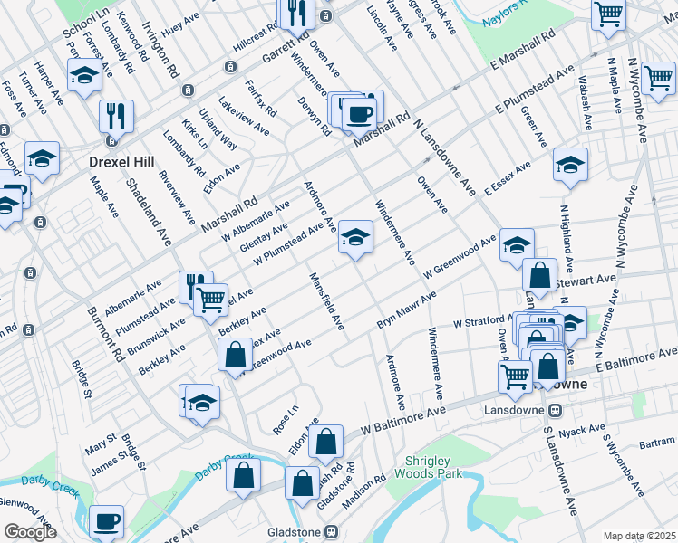 map of restaurants, bars, coffee shops, grocery stores, and more near 186 Berkley Avenue in Lansdowne