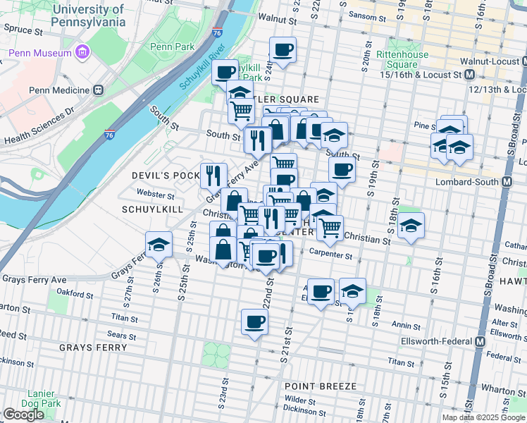 map of restaurants, bars, coffee shops, grocery stores, and more near 2221 Madison Square in Philadelphia