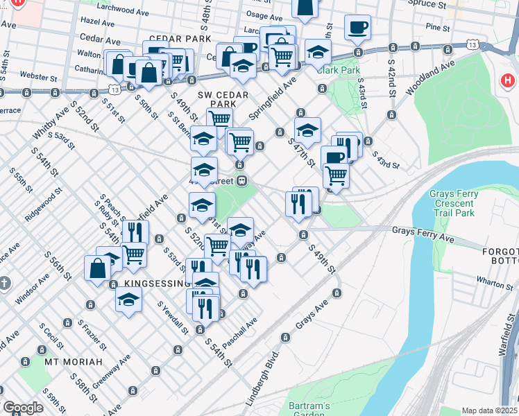 map of restaurants, bars, coffee shops, grocery stores, and more near 1224 Greylock Street in Philadelphia
