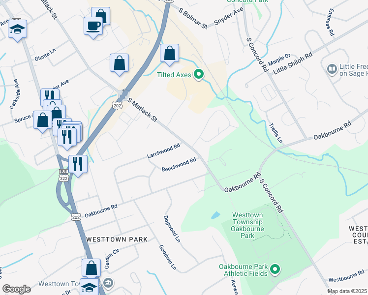 map of restaurants, bars, coffee shops, grocery stores, and more near 312 Larchwood Road in West Chester