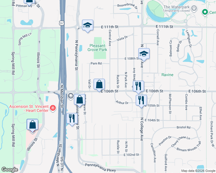 map of restaurants, bars, coffee shops, grocery stores, and more near 10604 Central Avenue in Indianapolis