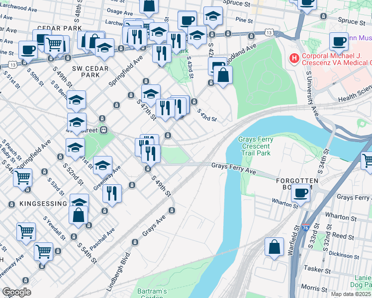 map of restaurants, bars, coffee shops, grocery stores, and more near 1417 South 47th Street in Philadelphia